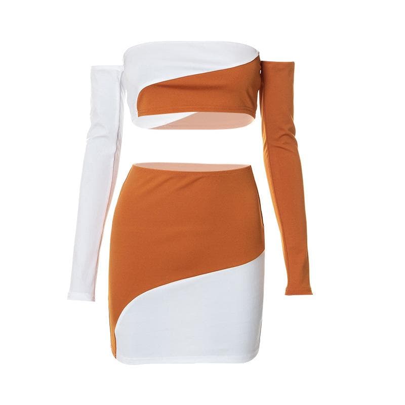 Contrast patchwork off shoulder long sleeve backless mini skirt set