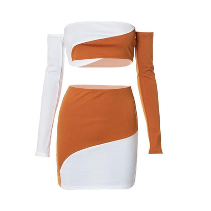 Contrast patchwork off shoulder long sleeve backless mini skirt set