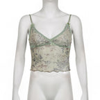 Top corto con scollo a V e orlo in pizzo con stampa floreale in rete trasparente 