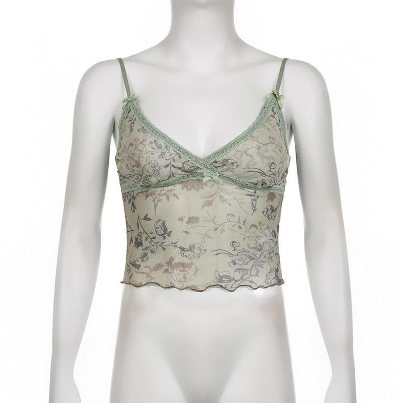 Top corto con scollo a V e orlo in pizzo con stampa floreale in rete trasparente 