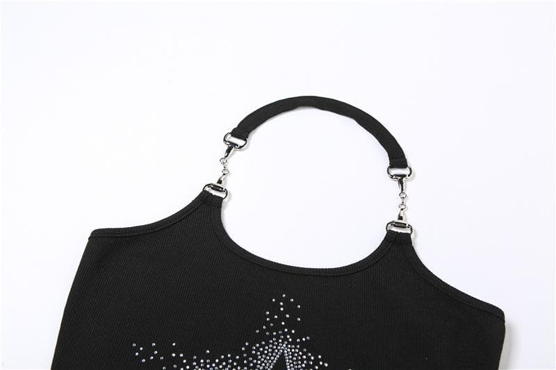 Halter metal chain backless u neck star beaded crop top