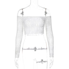 Off shoulder long sleeve lace see through solid crop top