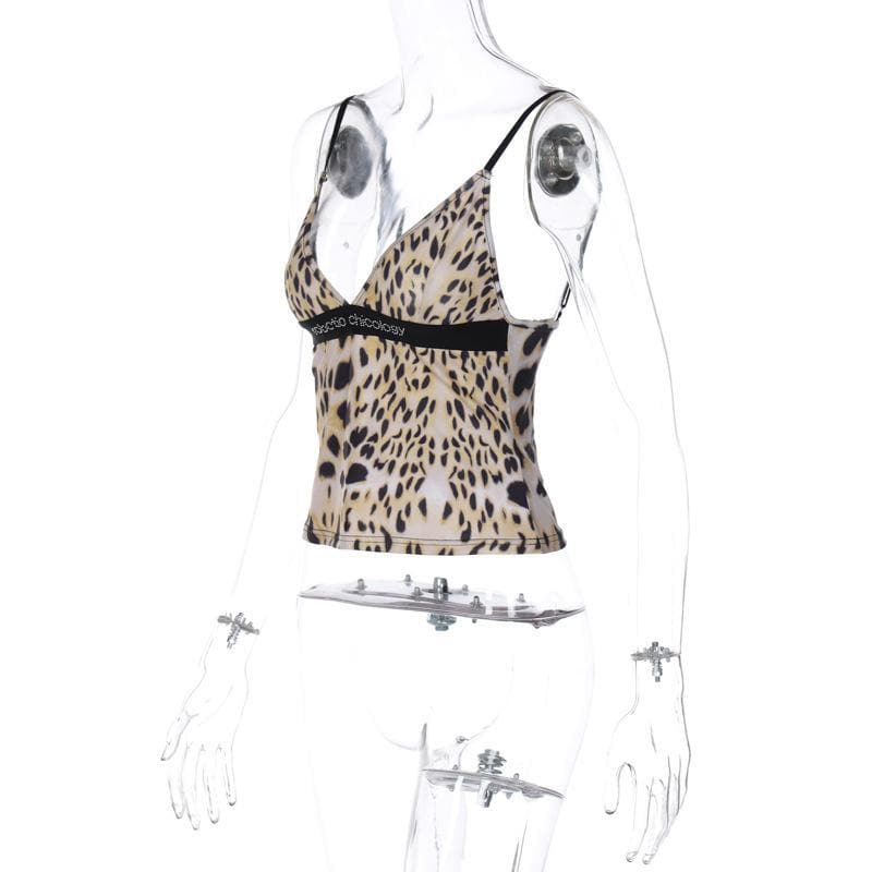 Top canotta con scollo a V e schiena scoperta, patchwork di perline e stampa leopardata 