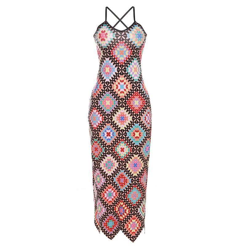 Kariertes, kontrastierendes, überkreuztes Maxikleid mit V-Ausschnitt und Selbstbindung auf der Rückseite