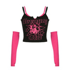 Abstract Patchwork Notch Neck Gloves Contrast Crop Top