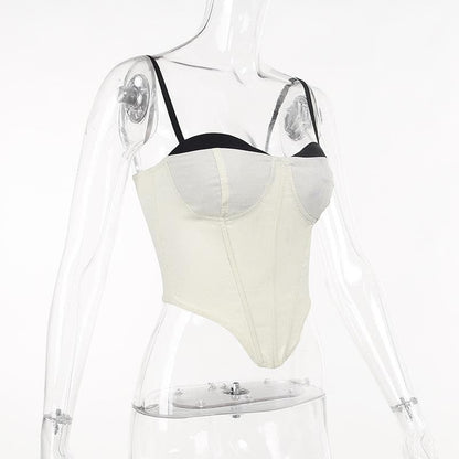 Top canotta senza schienale a contrasto con scollo a cuore e corsetto patchwork