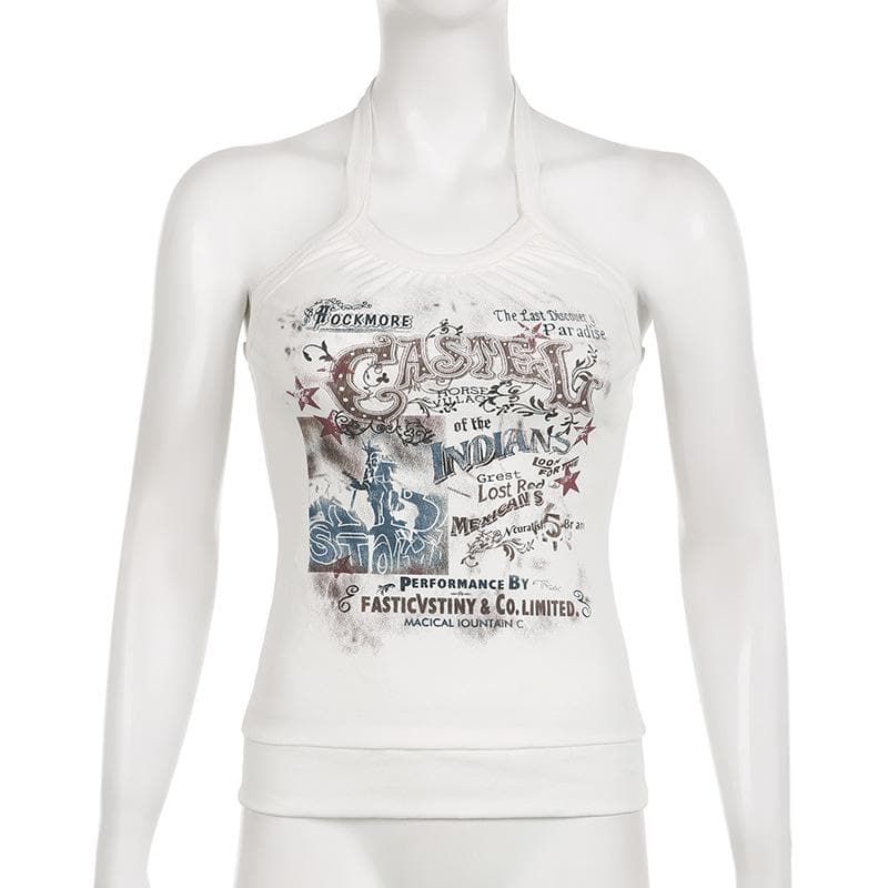 Letter print halter self tie backless contrast top