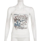 Letter print halter self tie backless contrast top