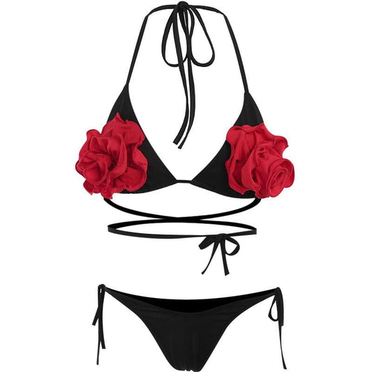 Halter self tie contrast flower applique cross back pant set