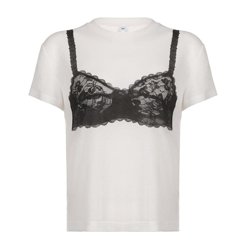 Top girocollo a maniche corte con motivo a reggiseno a contrasto 