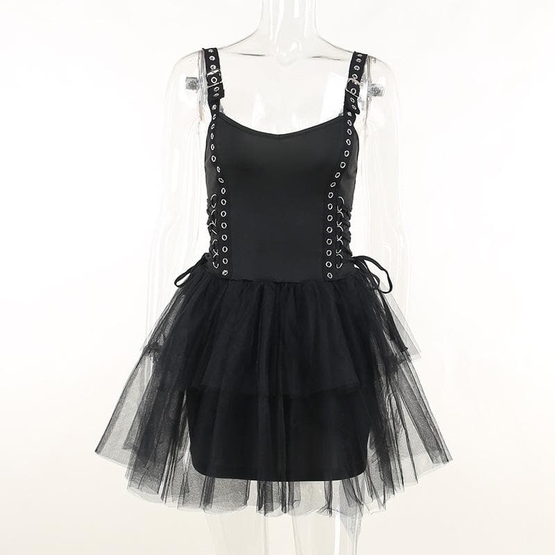 Rückenfreies, einfarbiges Minikleid mit Schnürung, gerüschter Netzschnalle