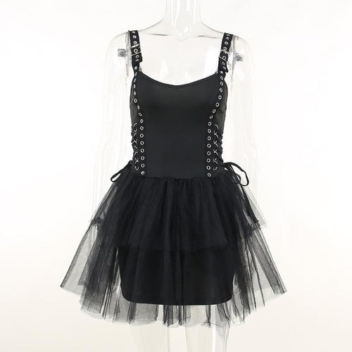 Backless lace up ruched mesh buckle solid mini dress