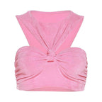 Hollow out knotted ruched textured solid crop top