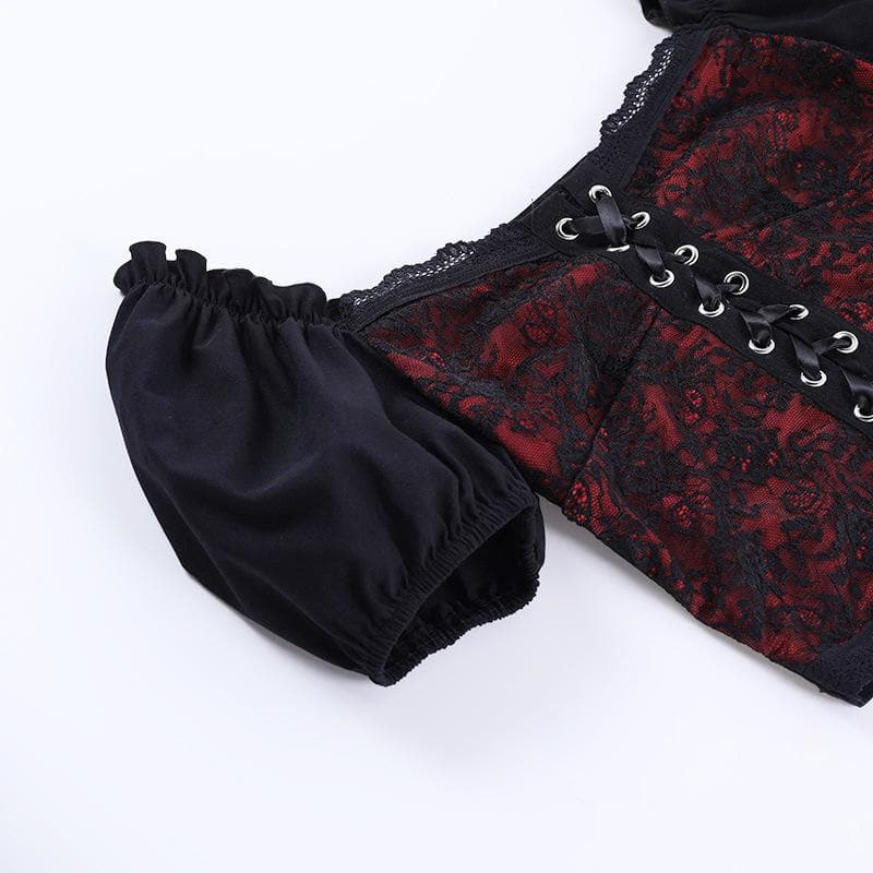 Puff sleeve contrast v neck lace patchwork lace up crop top