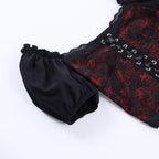 Puff sleeve contrast v neck lace patchwork lace up crop top
