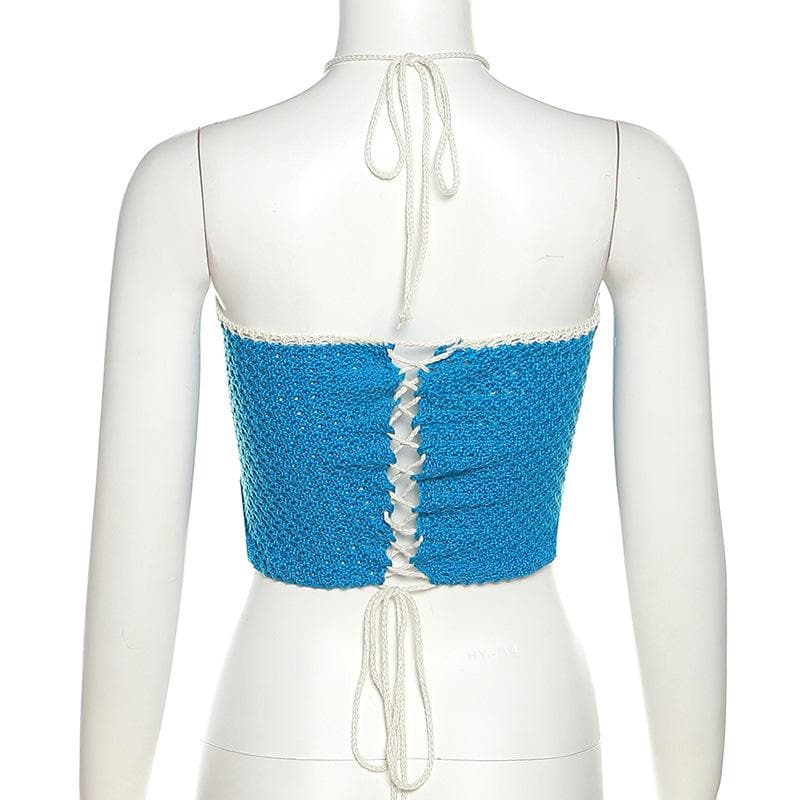 Backless self tie halter crochet lace up contrast crop top