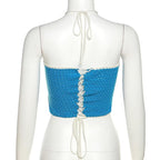 Backless self tie halter crochet lace up contrast crop top