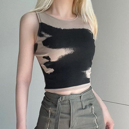 Top corto senza maniche con scollo rotondo e contrasto tie-dye 