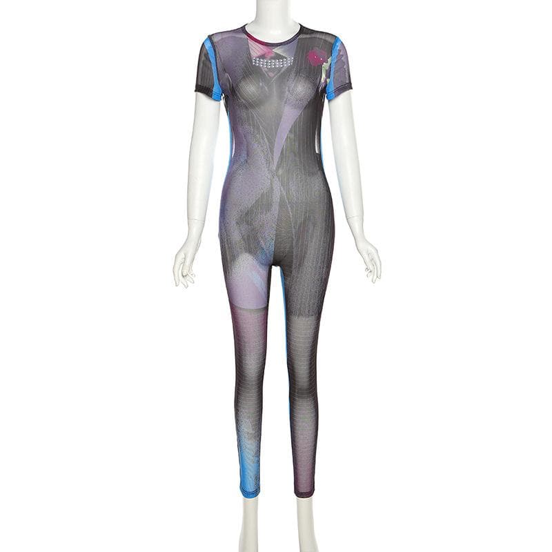 Transparenter, rückenfreier Jumpsuit aus transparentem Netzstoff mit kontrastierenden, kurzärmligen, selbst zu bindenden Ärmeln