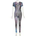 Transparenter, rückenfreier Jumpsuit aus transparentem Netzstoff mit kontrastierenden, kurzärmligen, selbst zu bindenden Ärmeln