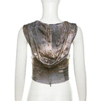 Felpa con cappuccio, senza maniche, con zip, corsetto, top corto arricciato a contrasto 