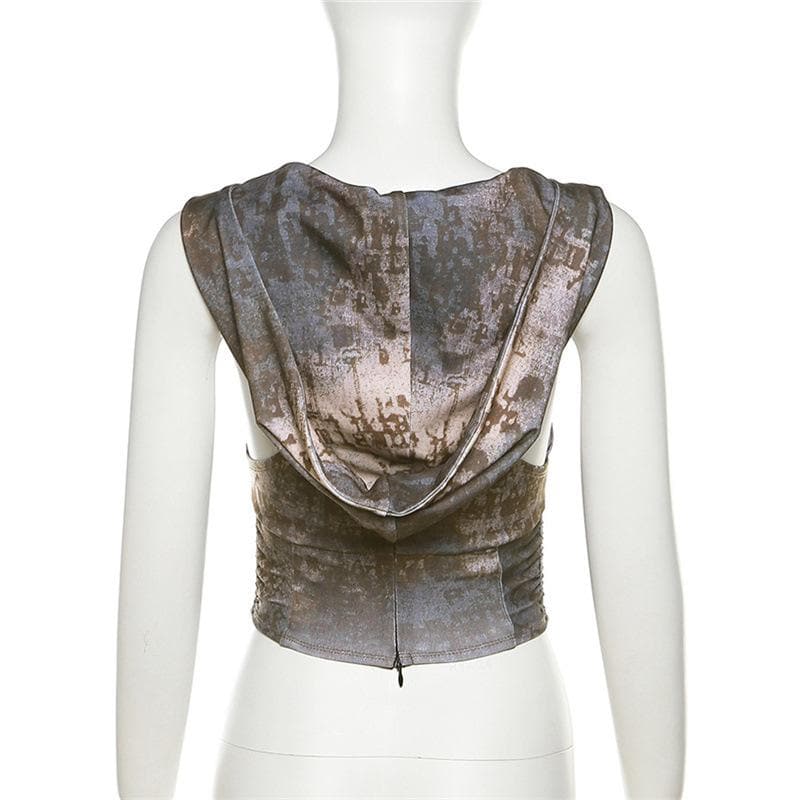 Felpa con cappuccio, senza maniche, con zip, corsetto, top corto arricciato a contrasto 