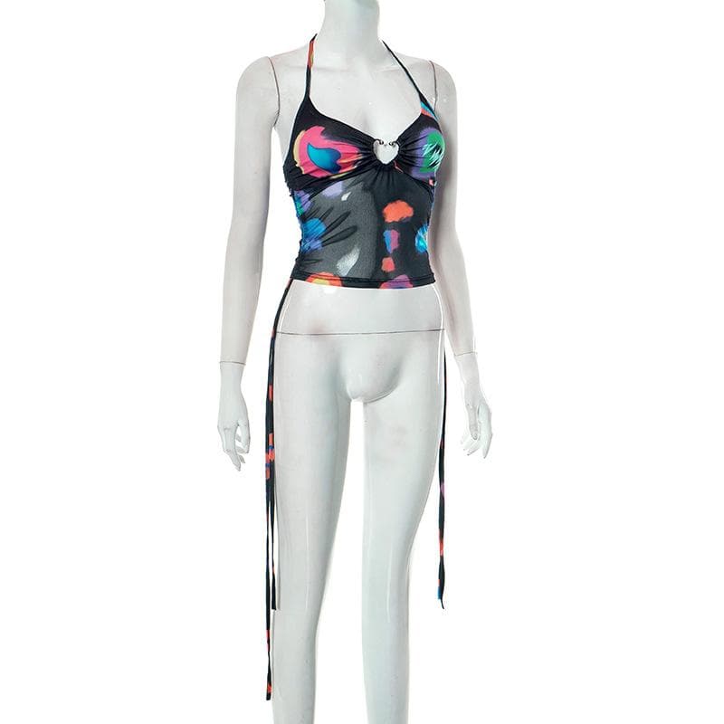 Mesh ruched contrast halter backless self tie drawstring top
