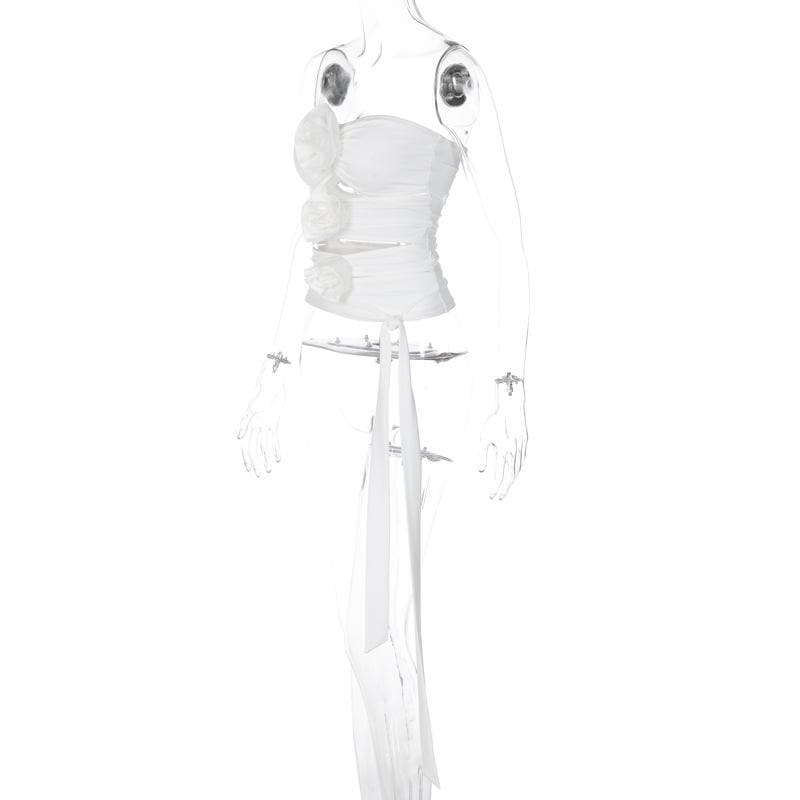 Hollow out solid flower applique ruched backless top