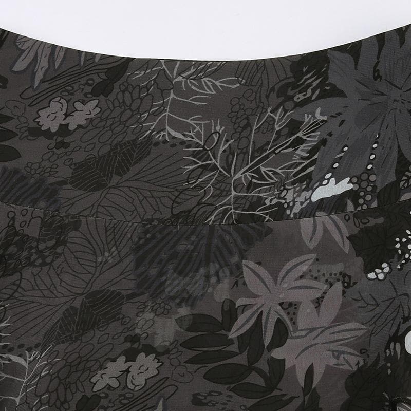 Chiffon zip-up irregular leaf print contrast mini skirt