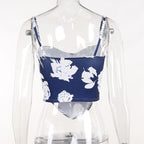Top canotta con cuciture a corsetto e scollo quadrato a contrasto con stampa floreale 