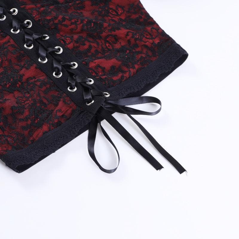 Puff sleeve contrast v neck lace patchwork lace up crop top