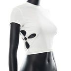 Hollow out ring crewneck short sleeve ribbed top - Final Sale