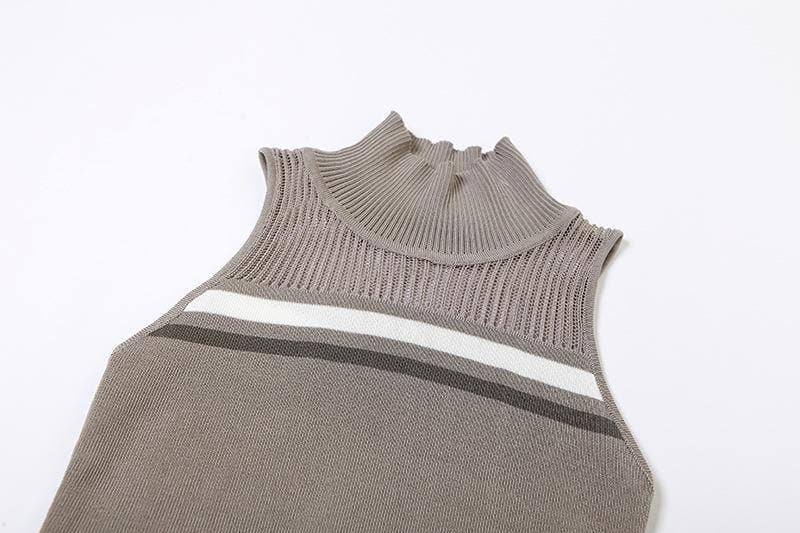 Crochet striped sleeveless high neck hollow out patchwork top