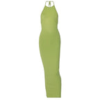 Backless solid ruched self tie halter maxi dress