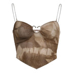 Ruched metal chain sheer mesh see through tie dye crop top