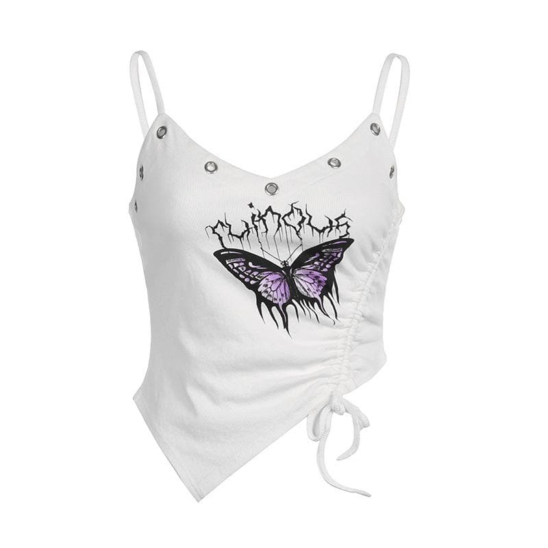 Irregular v neck drawstring ribbed butterfly pattern cami top