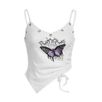Irregular v neck drawstring ribbed butterfly pattern cami top