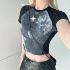 Patchwork short sleeve tie dye contrast star applique crop top