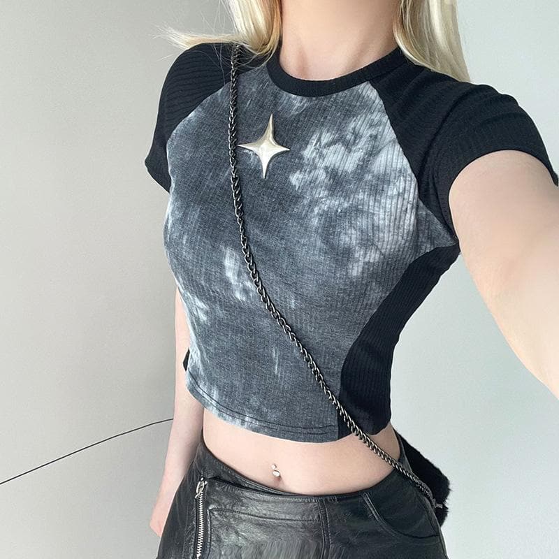 Patchwork short sleeve tie dye contrast star applique crop top