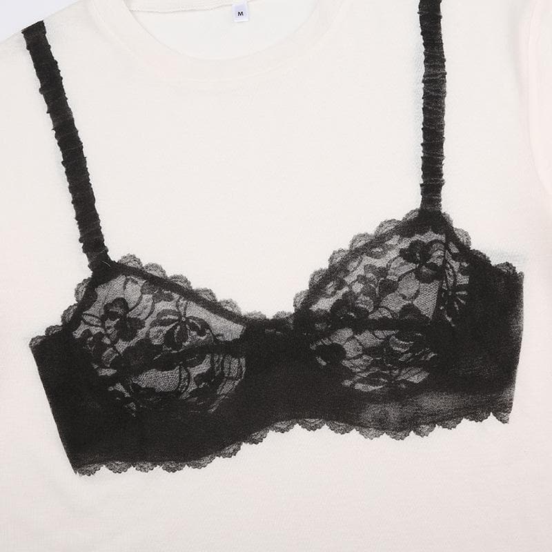 Top girocollo a maniche corte con motivo a reggiseno a contrasto 