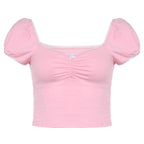 Ruched short sleeve contrast lace hem backless crop top