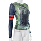 Long sleeve sheer mesh see through abstract print top