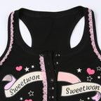 Button "sweetwon" pattern sleeveless lace hem contrast crop top