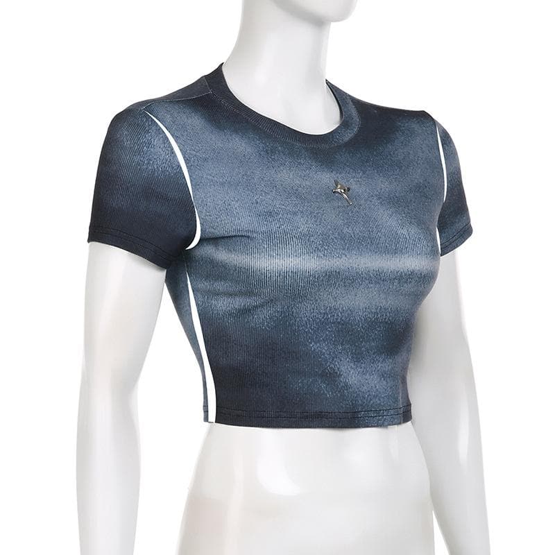 Tie dye short sleeve star applique crewneck crop top