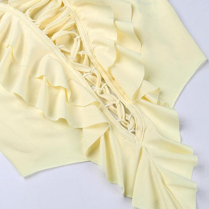 Crop Top mit überkreuzter Vorderseite, ausgehöhlt, einfarbig, Neckholder, Schnürung und Rüschen 