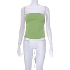Drawstring solid ruched self tie backless tube top