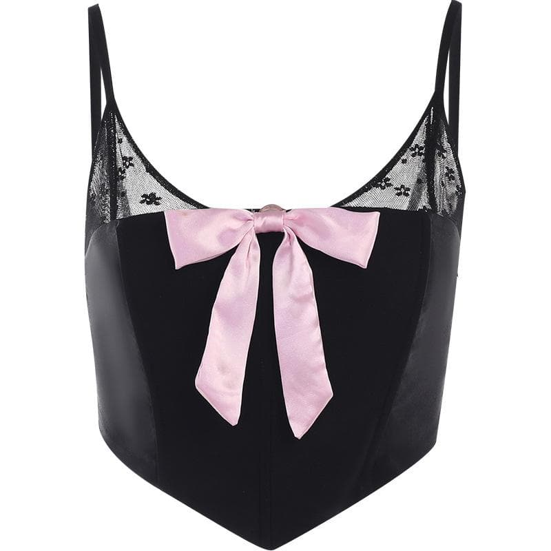 Top corto con scollo a U e schiena scoperta in pizzo patchwork con fiocco 