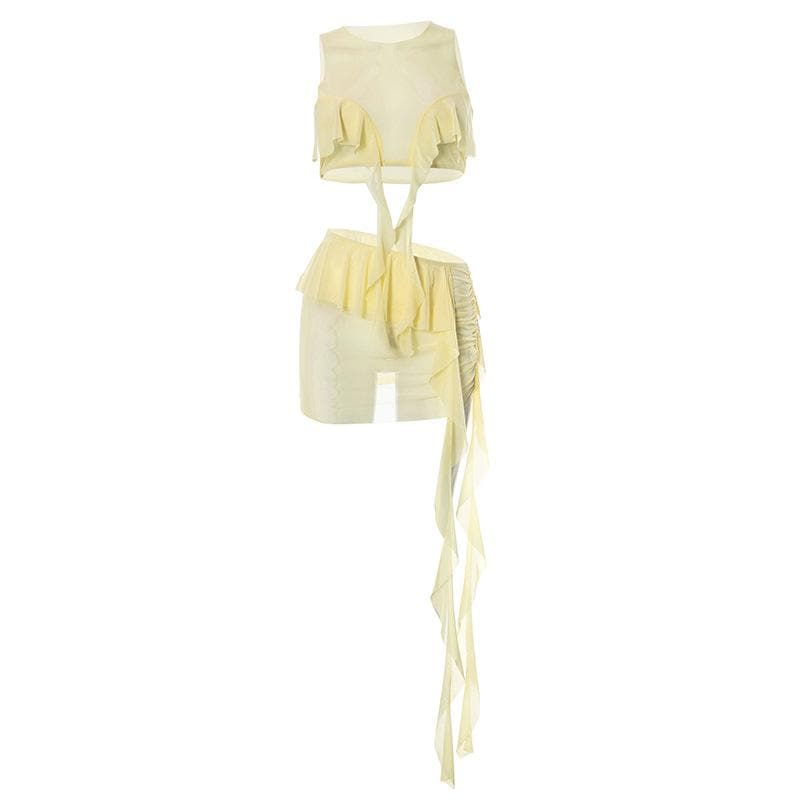 Sheer mesh see through solid ruffle ribbon sleeveless mini skirt set