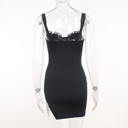 Gerafftes, einfarbiges, ärmelloses, rückenfreies Minikleid aus Spitze mit Schlitz zum Selbstbinden