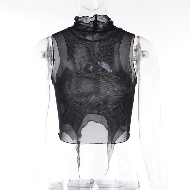 Sheer mesh see through beaded high neck crop top